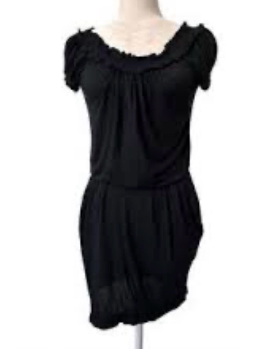 BCBGMaxAzria Black Short Sleeve Ruffle Neck Mini Dress